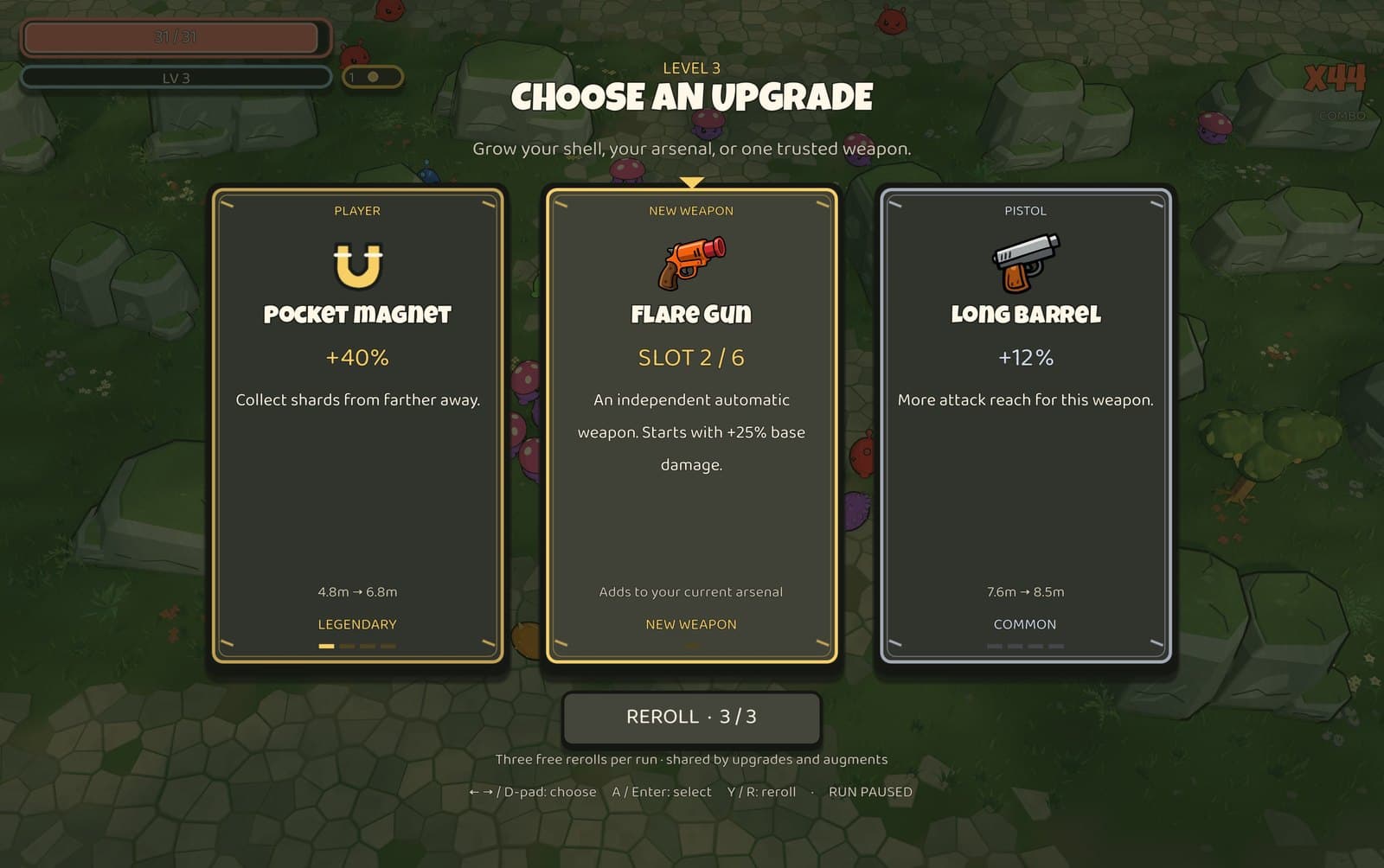 The Adventure level-up screen offering three upgrades, including a new Flare Gun