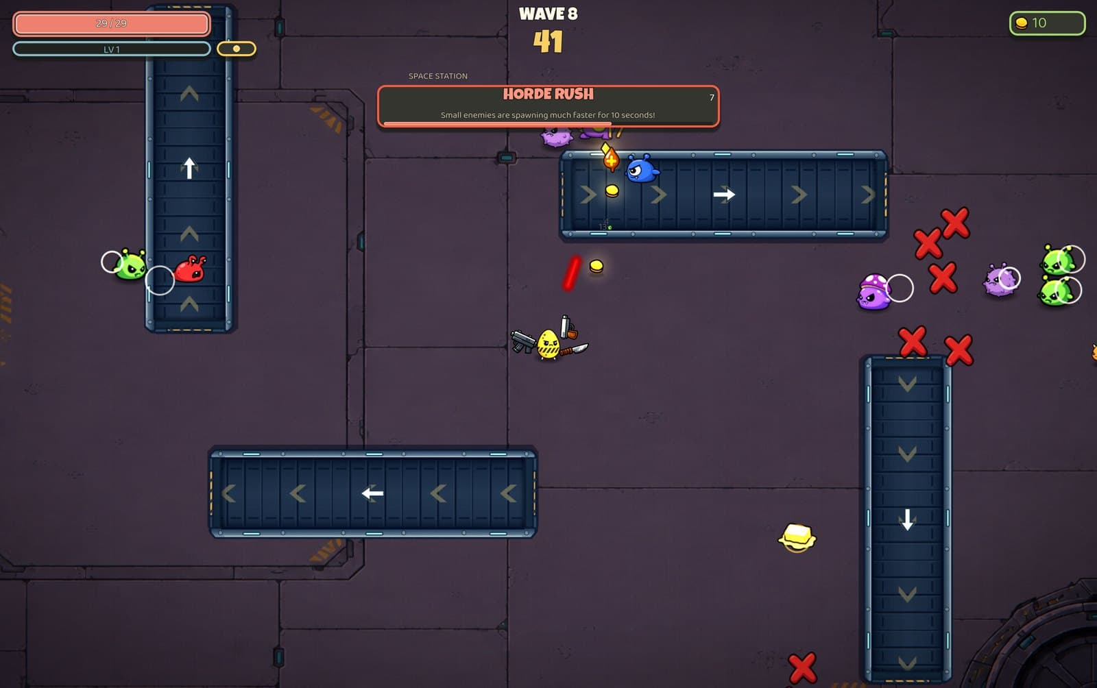 Space Station: Belts reverse independently. Yellow arrows warn which way they will carry you.