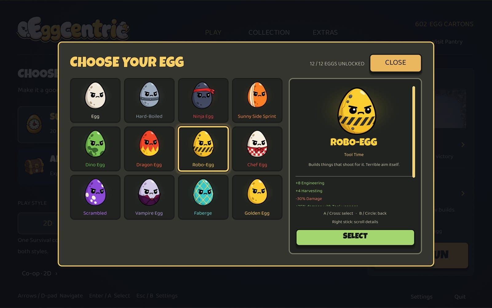 The Choose Your Egg screen showing all twelve eggs unlocked