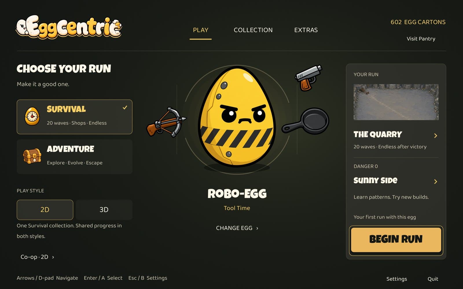 The Hatchery home screen with Survival and Adventure, a 2D or 3D play style toggle, and Co-op
