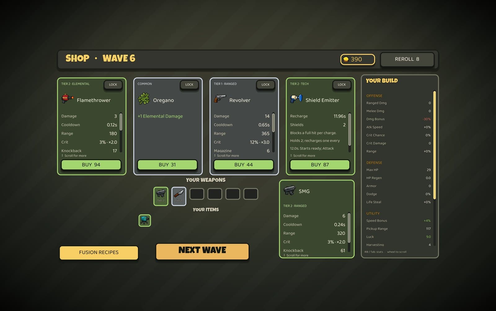 The between-wave shop with four offers, a weapon rack and a stats panel