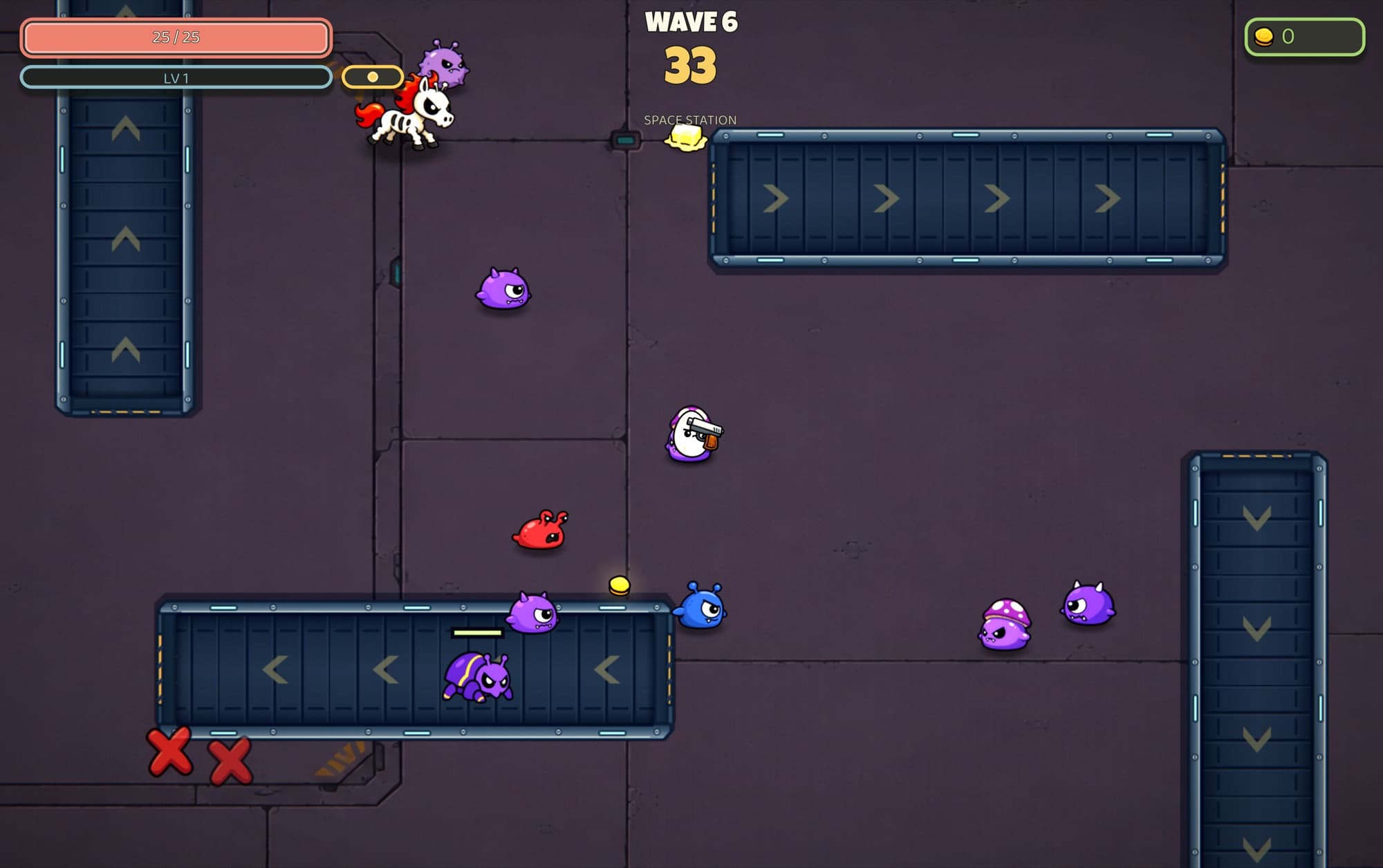 Space Station: Conveyor belts carry you and the aliens along.