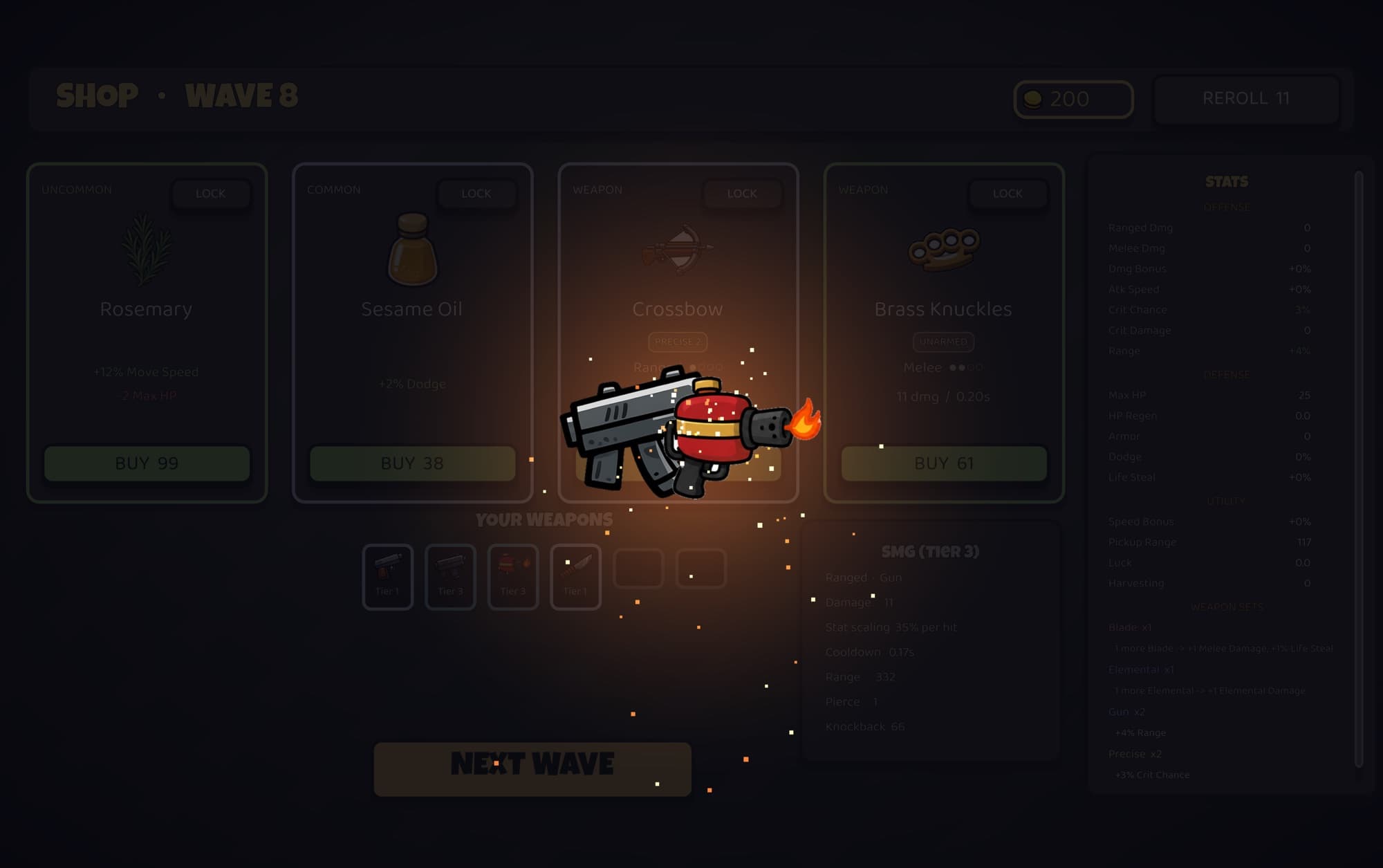 Two tier-3 weapons fusing into a new weapon with sparks flying