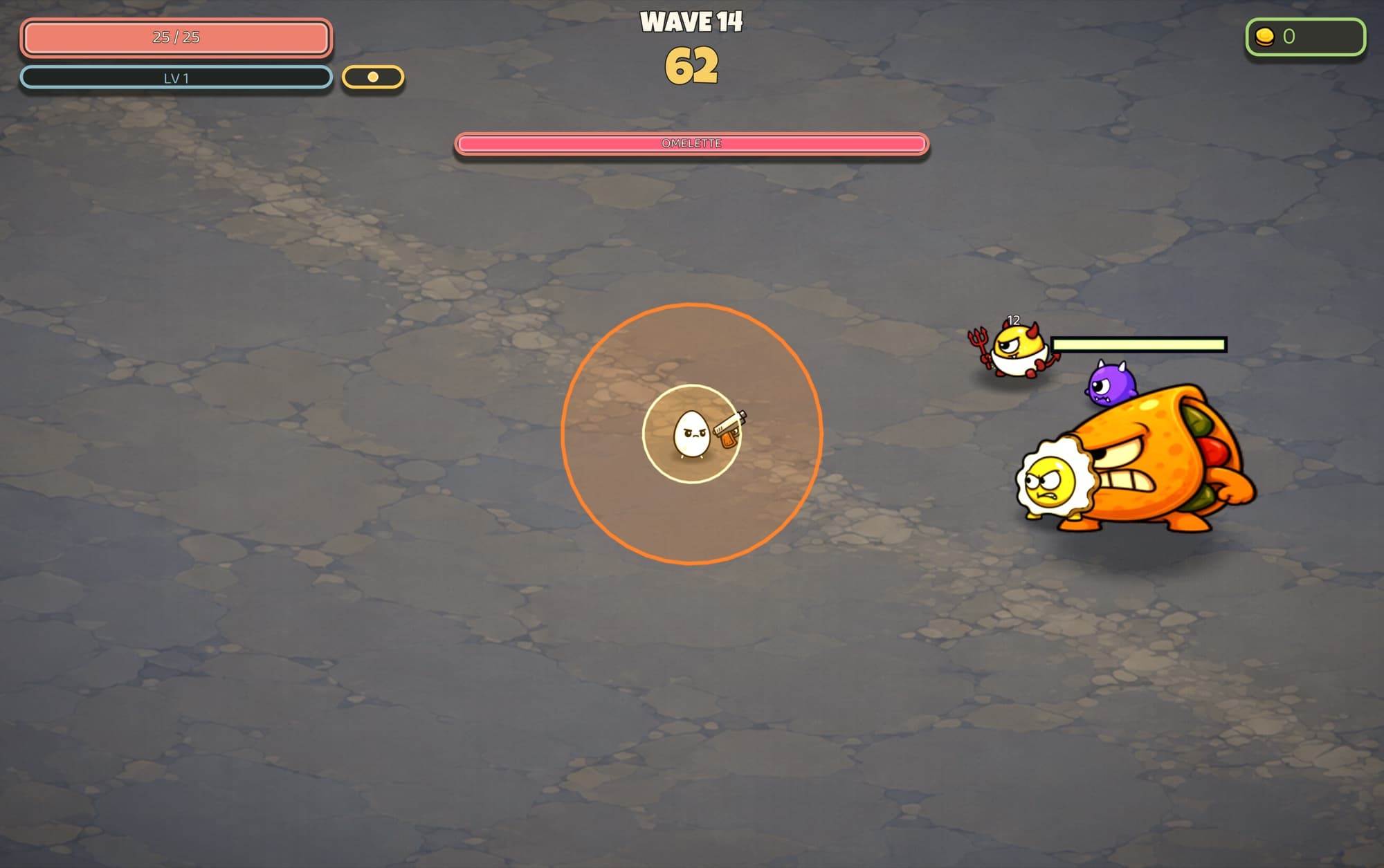 The Omelette boss charging at the egg on wave 14