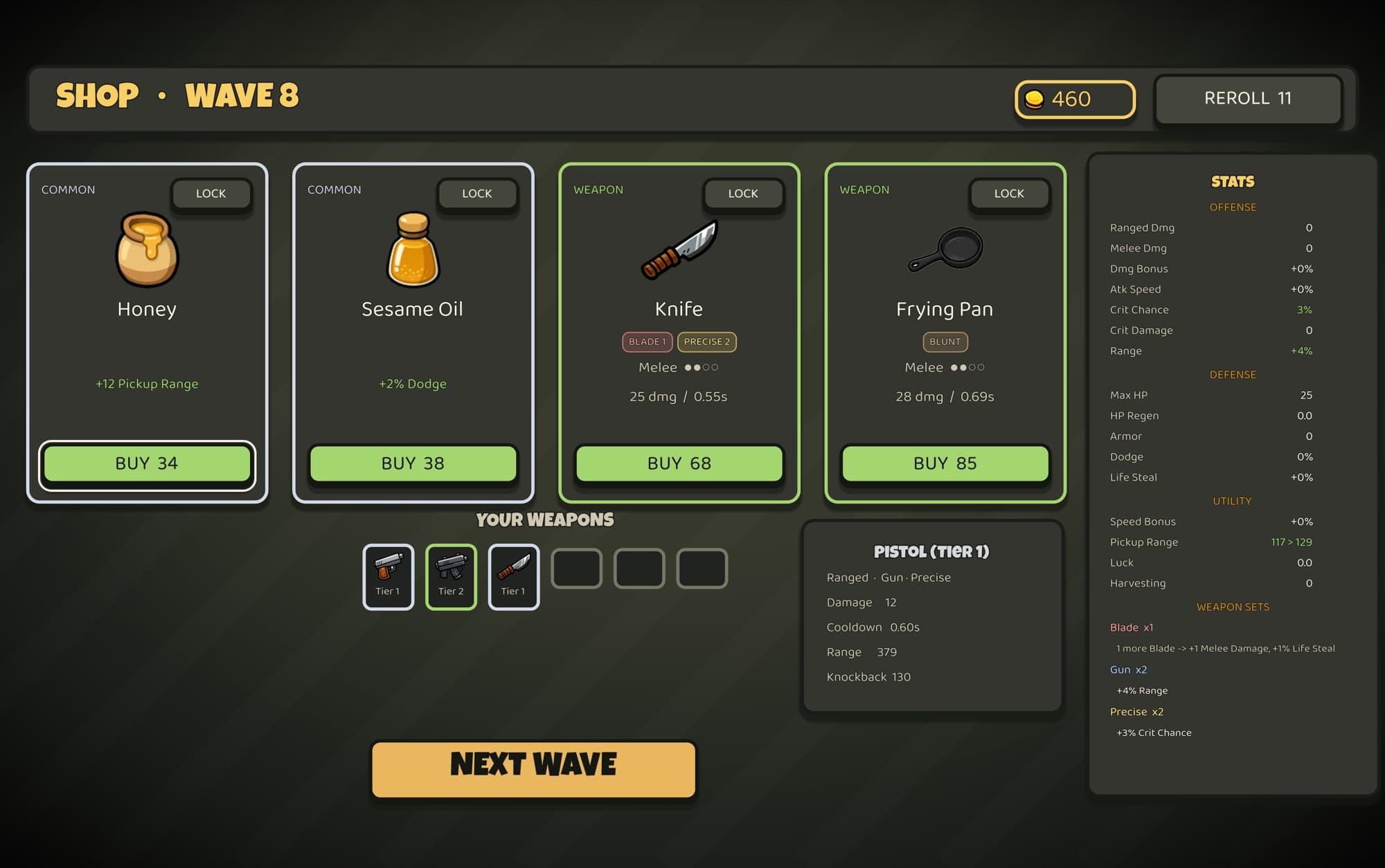 The between-wave shop with four offers, a weapon rack and a stats panel